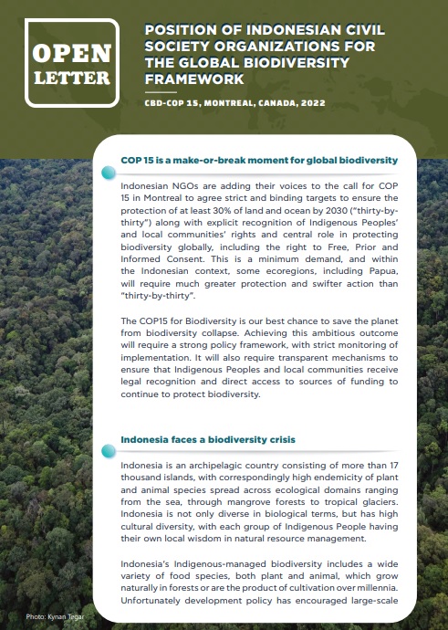 OPEN LETTER: POSITION OF INDONESIAN CIVIL SOCIETY ORGANIZATIONS FOR THE GLOBAL BIODIVERSITY FRAMEWORK CBD-COP 15, MONTREAL, CANADA, 2022.